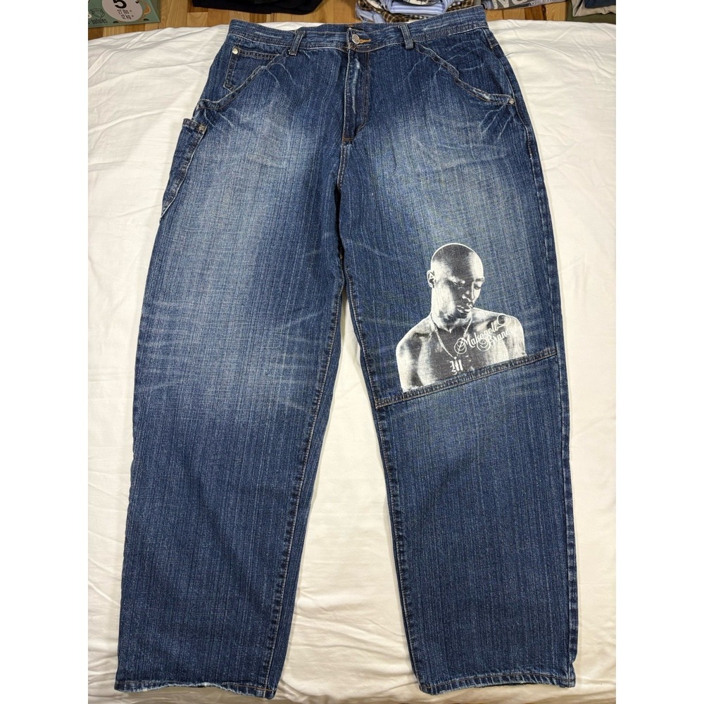 Vintage Makaveli Jeans Mens 38 Blue Baggy Rapper Graphic Hip Hop Y2K Streetwear